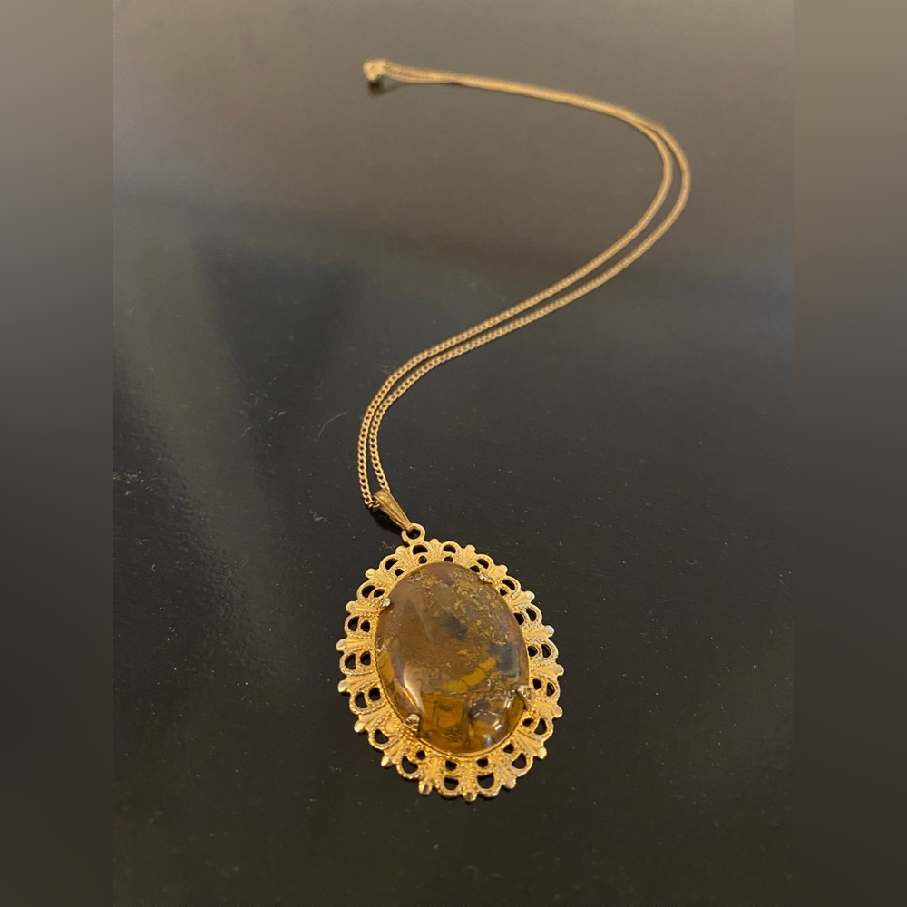 Vintage Jasper & Gold-Tone Filigree Pendant with 17” 12K GF Chain